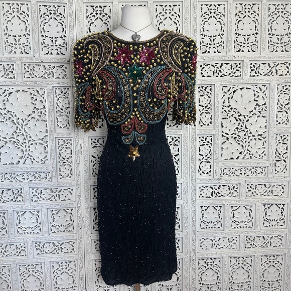 Vintage Beaded Sequin Fairycore Regency Black 100% Silk Cocktail Party Dress - Picture 1 of 11